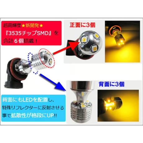 H16 / LEDフォグランプ / SMD6連 （前面3個+背面3個/イエロー/ 2個/特殊リフレクター/3535チップ/互換品