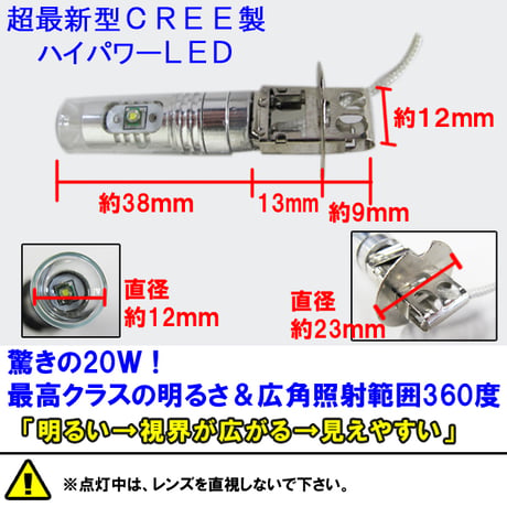 (12V)  H3 / LEDフォグランプ / 爆光ALL CREE 20W / 白 / 無極性 / 2個セット / 互換品