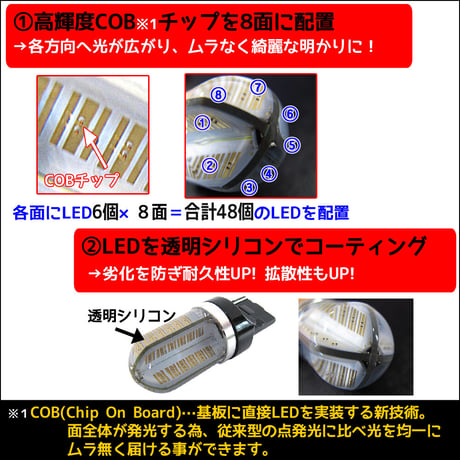 12V 24V/ T20 /48LED /COBチップ/透明シリコンコーティング/シングル球 /濃いオレンジ/2個/LED/互換品