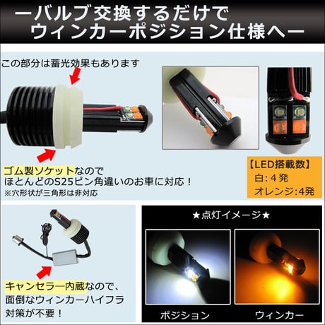 S25 150°/ ツインカラー  ホワイト アンバー ウイポジバルブ / キャンセラ―内蔵/CREE 8連/互換品