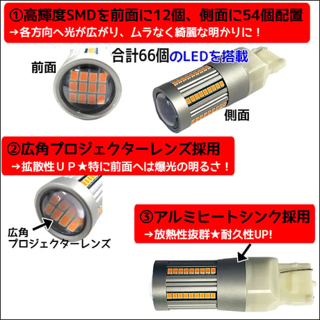 12Ｖ /T20 / SMD66連 /ハイフラ防止抵抗内蔵 /シングル球/オレンジ/2個/LED/前面プロジェクターレンズ/互換品