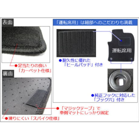 プリウス 50系 / フロアマット / 5ピース / ブラック / 裏面滑り止め付き / フック穴 ヒールパッド付き / 互換品