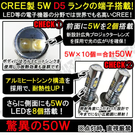 12V H3C / LEDフォグランプ/超爆光 ALL CREE 50W (正面5Wx2個)+(側面5Wx8個)/白/2個/互換品