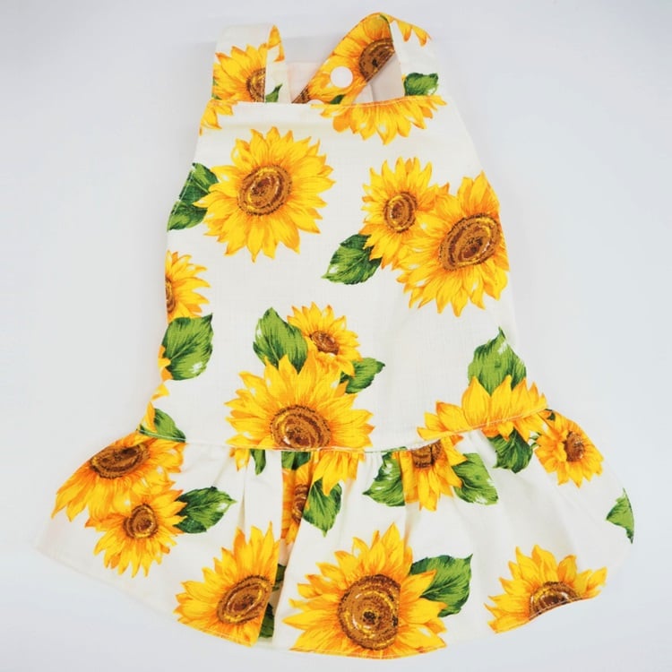ハンドメイド　ひまわりとマーガレット　バックリボンワンピース　犬服 ハンドメイド ひまわりとマーガレット バックリボンワンピース 犬服