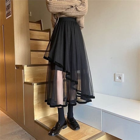 アシンメトリー 個性派 メッシュ スカート モード フレアスカート ブラック　ホワイト