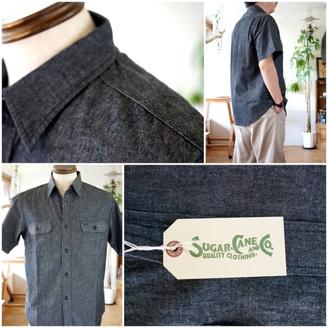 SUGARCANE 　シュガーケーン　ブラックシャンブレーシャツ 　半袖ワークシャツ　ワークシャツ　東洋エンタープライズ　39307
