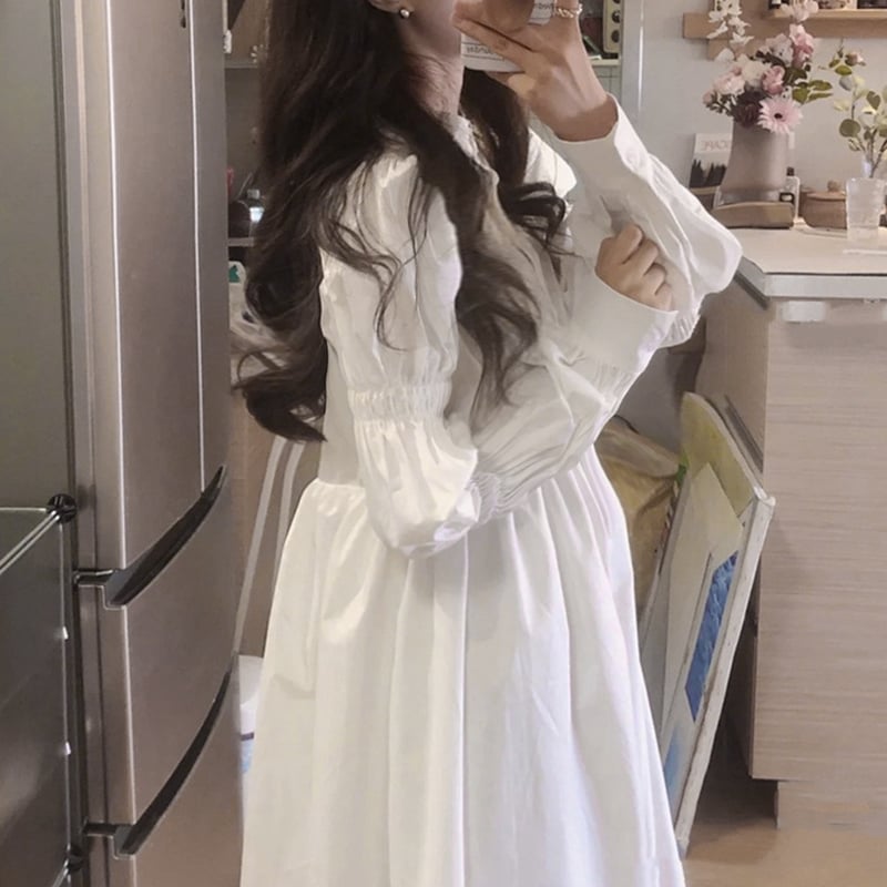 日本発送】 白シャツワンピース長袖 ボリューム袖ワンピ ロングシャツ