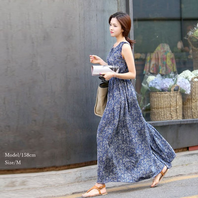 日本発送】 ロングワンピース ノースリーブ レディース 花柄 マキシ丈