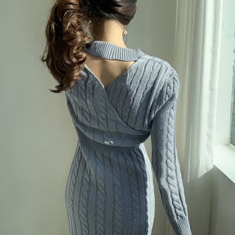 日本発送】3カラー 前後2way ニットワンピース 深スリット タイト