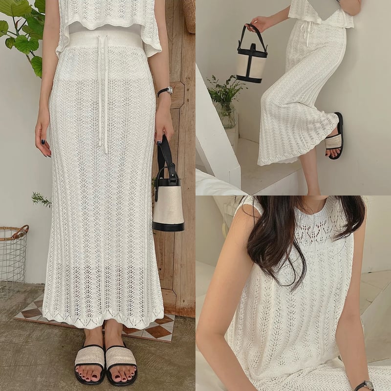 セットアップ】パンチングレース ニットノースリーブ スカート