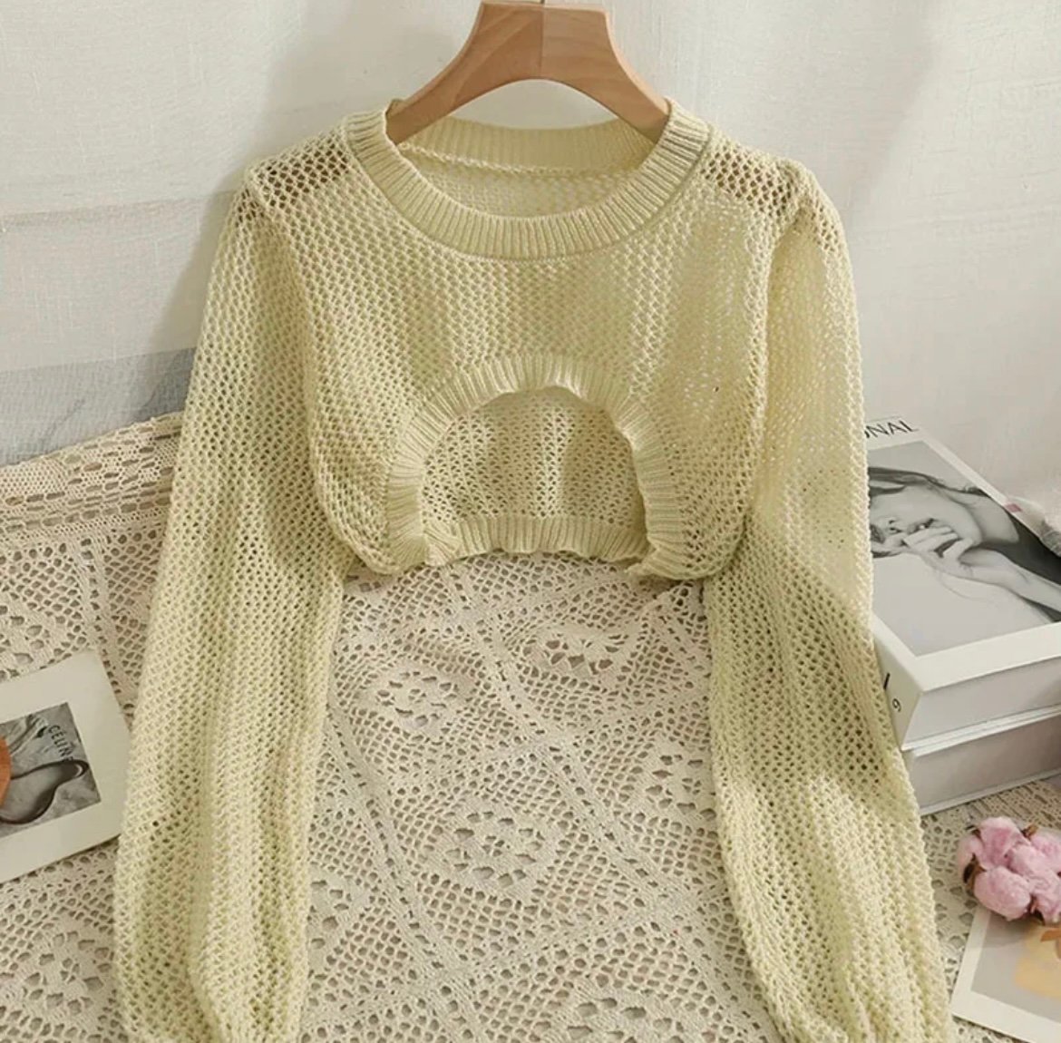 透かし編みトップス 長袖ニットセーター きれいめ メッシュ 韓国