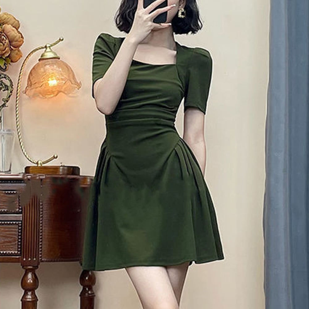 ギャザー 半袖 ワンピース ドレス フレア スカート ミニスカ ♪ 日本発送】 2カラー ミニワンピース ミニドレス フレア ハイ