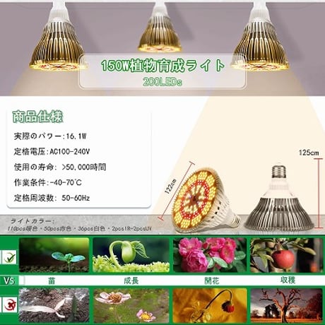 【2024最新版】 植物育成ライト LED 150W相当 植物育成用ランプ 暖色系 太陽のような光 植物ライト 200個LEDチップ E26口金 屋内植物 長寿命50000時間