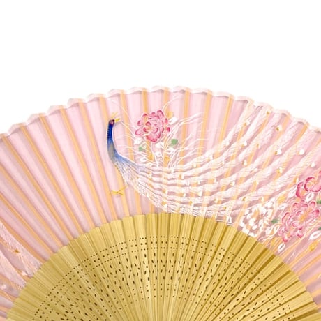 〈婦人用〉薄絹扇子 バラ孔雀　ピンク