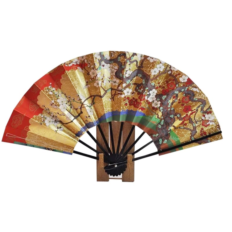 京扇子 とくの 両面 飾り扇子 鶴 百花 京扇子〉両面飾り扇子一匹鶴/紅白梅 扇子立付 箱入 | 京扇子とくの