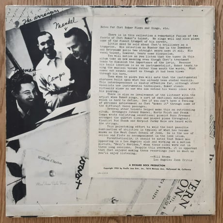 CHET BAKER - Sings and Plays (PACIFIC JAZZ PJLP-1202)