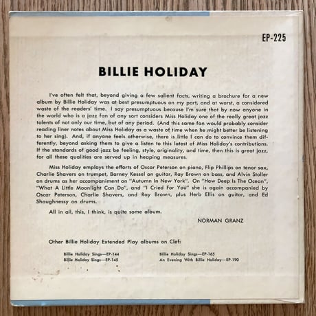 BILLIE HOLIDAY - Billie Holiday (CLEF EP-225) 7inch EP