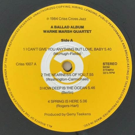 WARNE MARSH - A Ballad Album (CRISS CROSS CRISS1007)