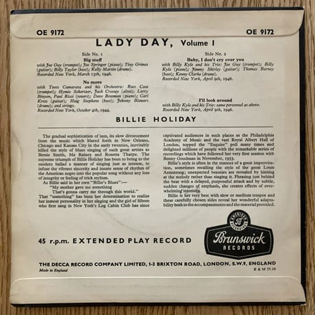 BILLIE HOLIDAY - Lady Day Volume 1 (BRUNSWICK OE9172) 7inch