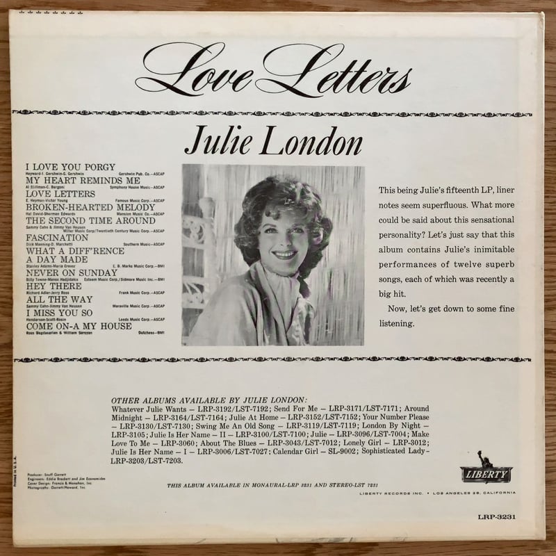 稀少UKオリジナルMonoジュリーロンドンLove Lettersレコード LOVE LETTERS/JULIE LONDON JULIE LONDON - 中古オーディオ 高価