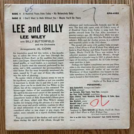 LEE WILEY with BILLY BUTTERFIELD - Lee & Billy (RCA VICTOR EPA-4183) 7inch EP