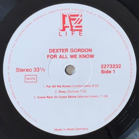DEXTER GORDON - For All We Know (JAZZLIFE 2273232)