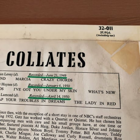 STAN GETZ - Collates (ESQUIRE 32-011)
