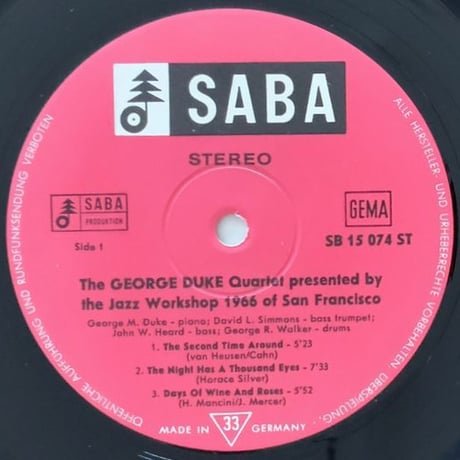 GEORGE DUKE - Presented By The Jazz Workshop 1966 of San Francisco (SABA SB15074ST)