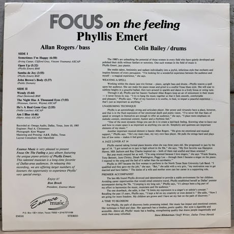 PHYLLIS EMERT - Focus On The Feeling (ESSENSE MUSIC EM101)