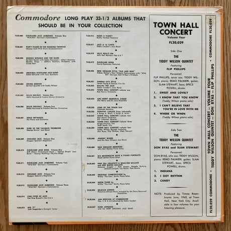 TEDDY WILSON - Town Hall Concert Vol.4 (COMMODORE FL20,029)