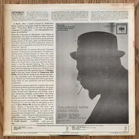 THELONIOUS MONK - Criss-Cross (COLUMBIA CS8838)