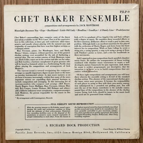 CHET BAKER - Chet Baker Ensemble (PACIFIC JAZZ PJLP-9)