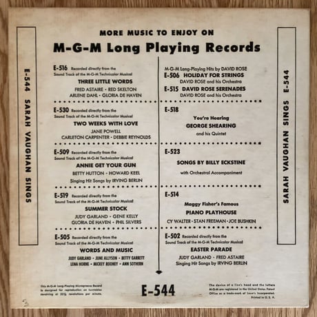 SARAH VAUGHAN - Sarah Vaughan Sings (MGM E544) 10inch