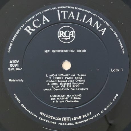 COLEMAN HAWKINS - The Hawk in Paris (RCA ITALIANA A10V0091)