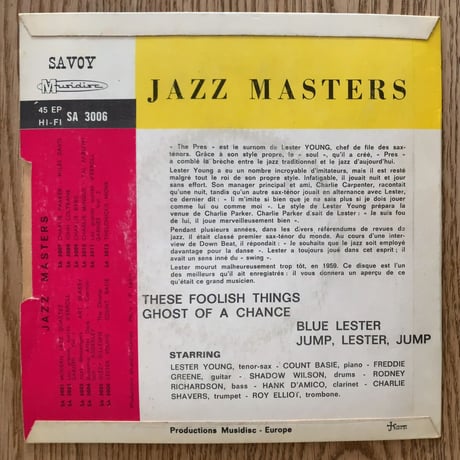 LESTER YOUNG - Jazz Masters (MUSIDISC/SAVOY SA3006) 7inch EP