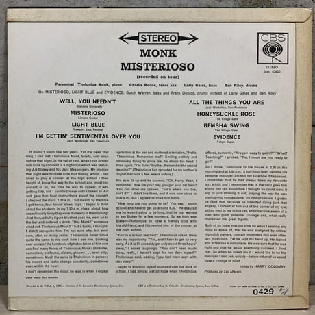 THELONIOUS MONK - Misterioso (CBS 6260) UK MONO