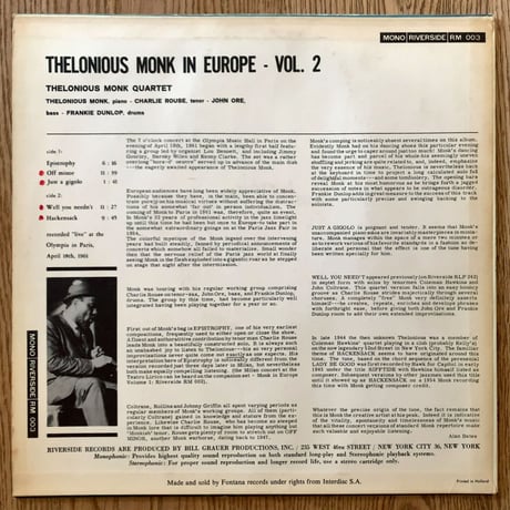 THELONIOUS MONK - in Europe Vol.2 Concert at The Olympia Paris (INTERDISC/RIVERSIDE RM003)