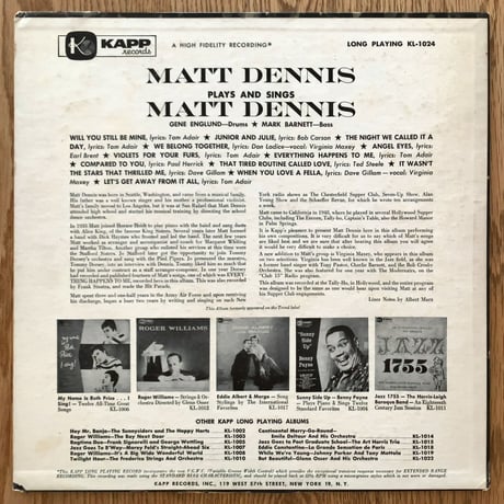 MATT DENNIS - Plays and Sings Matt Dennis (KAPP KL1024)