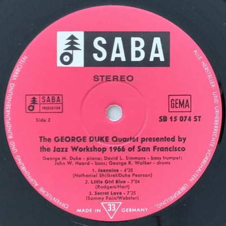GEORGE DUKE - Presented By The Jazz Workshop 1966 of San Francisco (SABA SB15074ST)