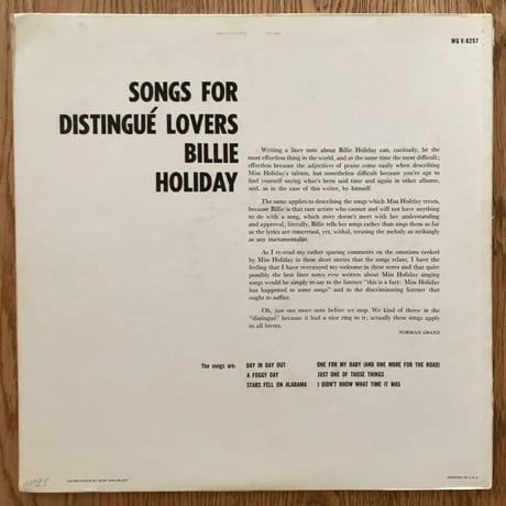 BILLIE HOLIDAY - Songs For Distingue Lovers (VERVE MGV-8257)