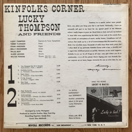 LUCKY THOMPSON - Kinfolks Corner (RIVOLI LP-R44)