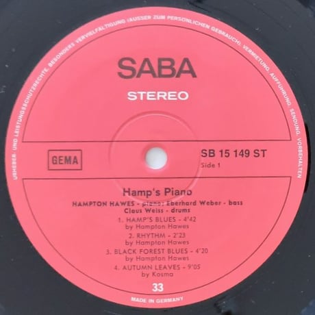 HAMPTON HAWES - Hamp's Piano (SABA SB15149ST)
