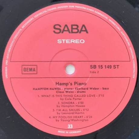 HAMPTON HAWES - Hamp's Piano (SABA SB15149ST)