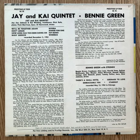 JAY JAY JOHNSON / BENNIE GREEN - Jay and Kay Quintet / Bennie Green and Strings (PRESTIGE PRLP7030)