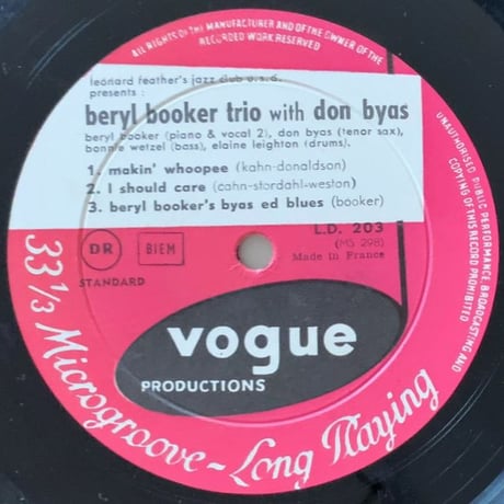 DON BYAS & BERYL BOOKER - Don Byas & Le Beryl Booker Trio a Paris (VOGUE L.D.203)