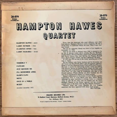 HAMPTON HAWES - Hampton Hawes Quartet (ESQUIRE 20-079) UK