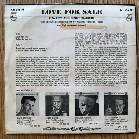 RITA REYS & BENGT HALLBERG - Love For Sale (PHILIPS 421 516 PE) 7inch EP