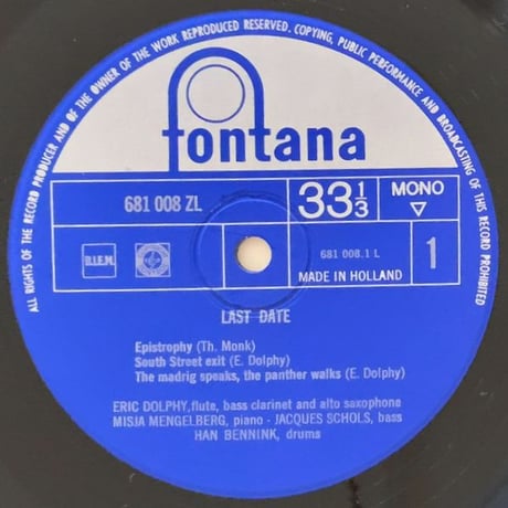 ERIC DOLPHY - Last Date (FONTANA 681 008ZL)