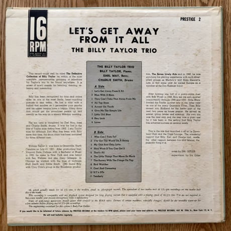 BILLY TAYLOR - Let's Get Away From It All (PRESTIGE PRES16-2)
