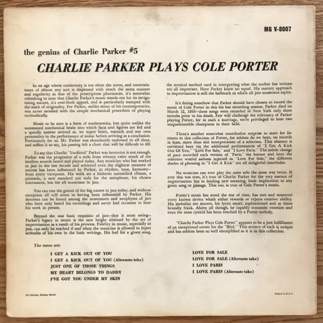 CHARLIE PARKER - Plays Cole Porter (VERVE MGV-8007)